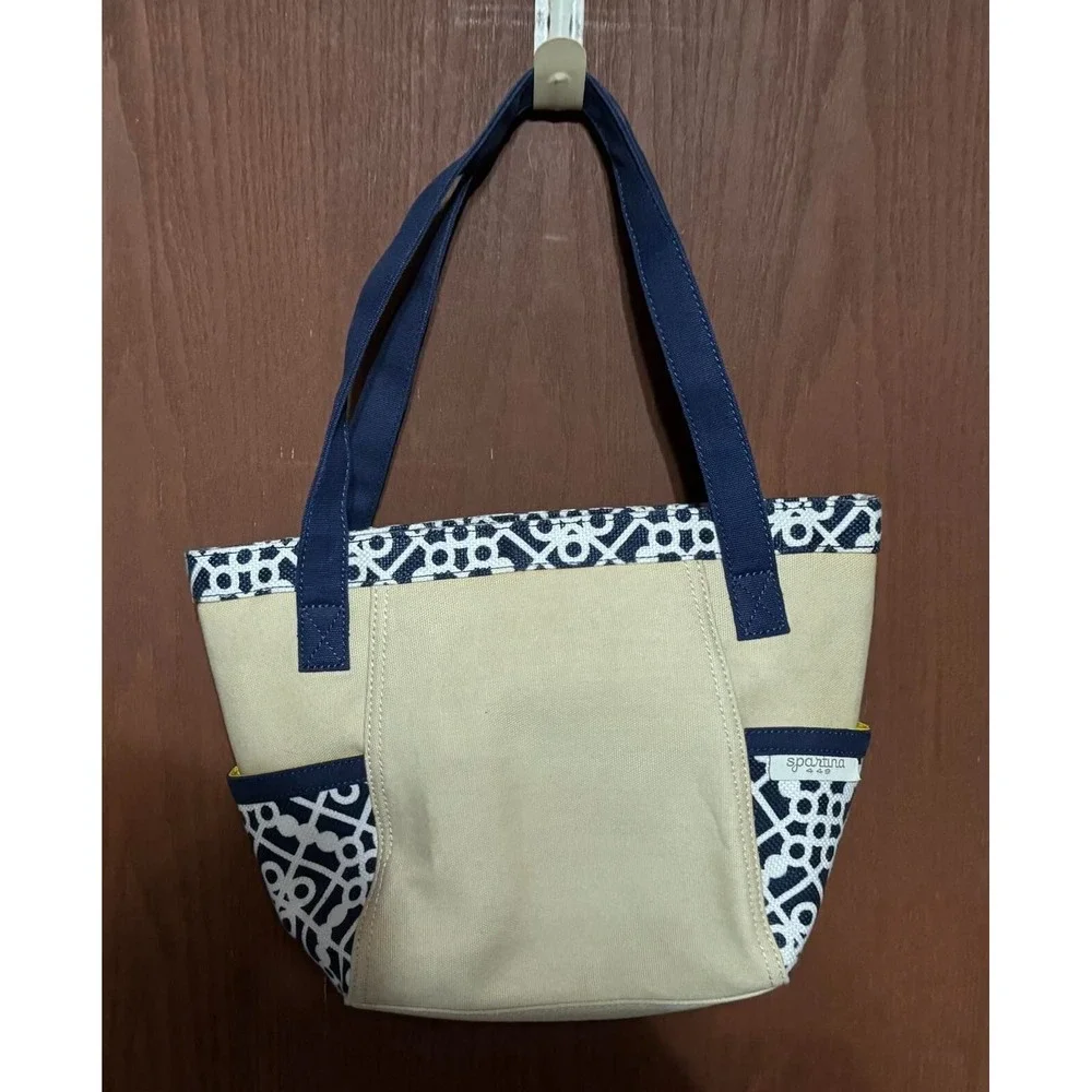 Spartina 449 Ivory Navy Blue Travel Double Handle Tote Purse Satchel TubH1